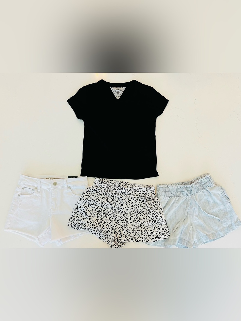 Girls  Black Tee and white denim shorts, printed shorts and chambray